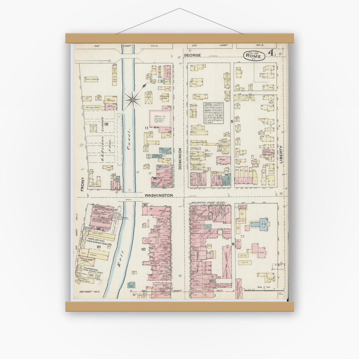 Old map wall art mockup — magnetic wood frame on white wall — Sanborn Fire Insurance Map from Rome, Oneida County, New York (1884), Sheet #0004