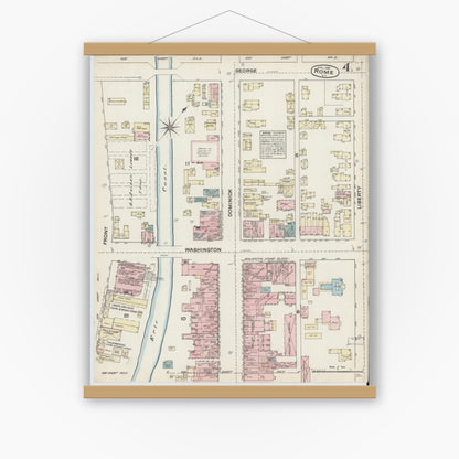 Old map wall art mockup — magnetic wood frame on white wall — Sanborn Fire Insurance Map from Rome, Oneida County, New York (1884), Sheet #0004