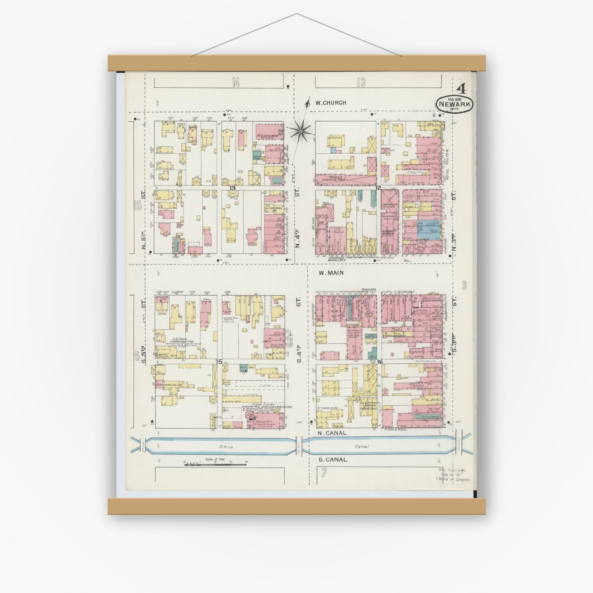 Old map wall art mockup — magnetic wood frame on white wall — Sanborn Fire Insurance Map from Newark, Licking County, Ohio (1893), Sheet #0004