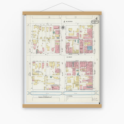 Old map wall art mockup — magnetic wood frame on white wall — Sanborn Fire Insurance Map from Newark, Licking County, Ohio (1893), Sheet #0004