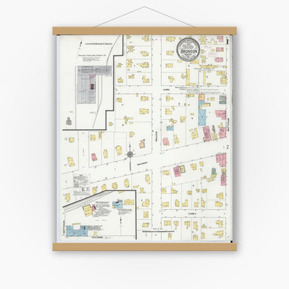 Old map wall art mockup — magnetic wood frame on white wall — Sanborn Fire Insurance Map from Bronson, Branch County, Michigan (1916) - Complete Map Set