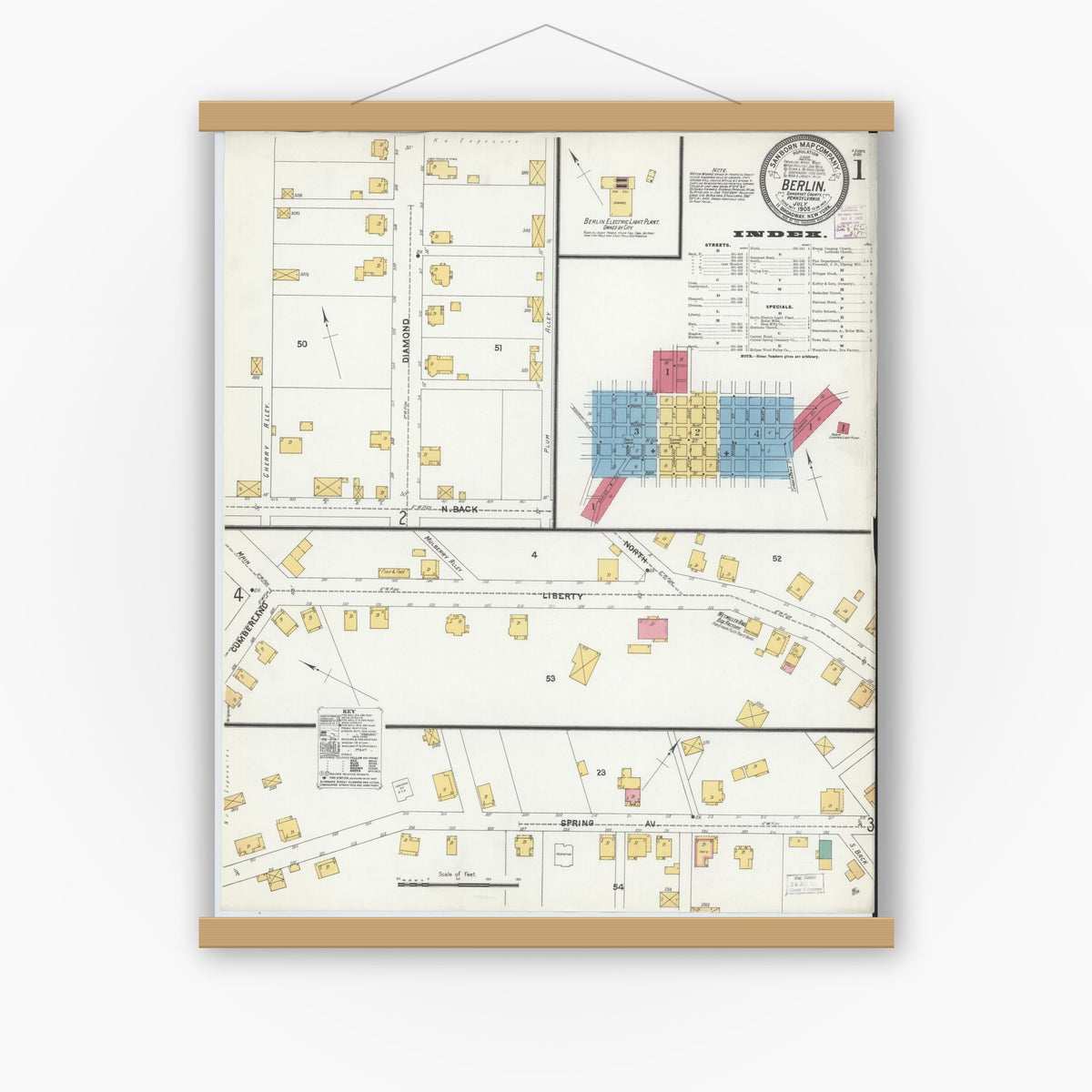 Old map wall art mockup — magnetic wood frame on white wall — Sanborn Fire Insurance Map from Berlin, Somerset County, Pennsylvania (1905) - Complete Map Set