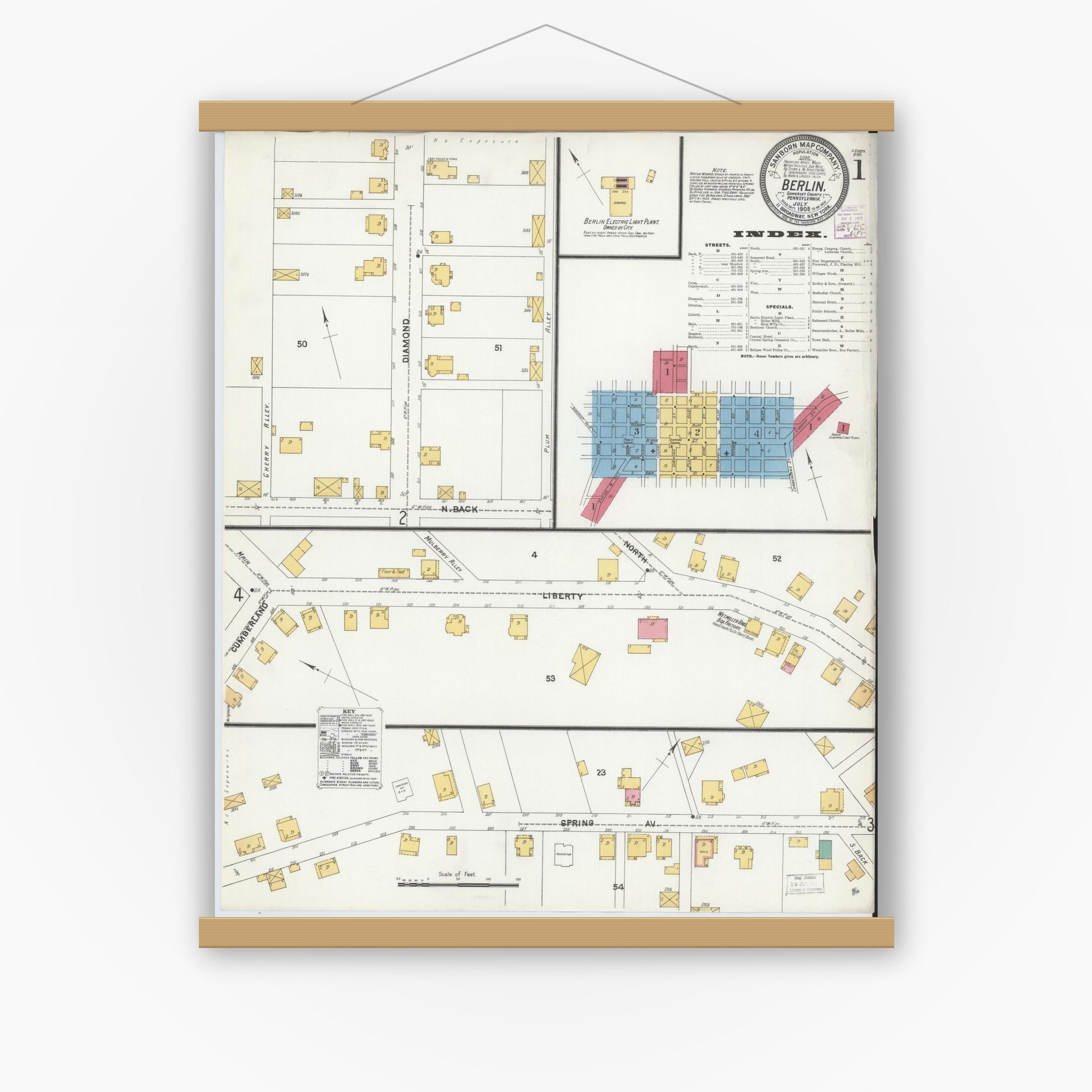 Old map wall art mockup — magnetic wood frame on white wall — Sanborn Fire Insurance Map from Berlin, Somerset County, Pennsylvania (1905) - Complete Map Set