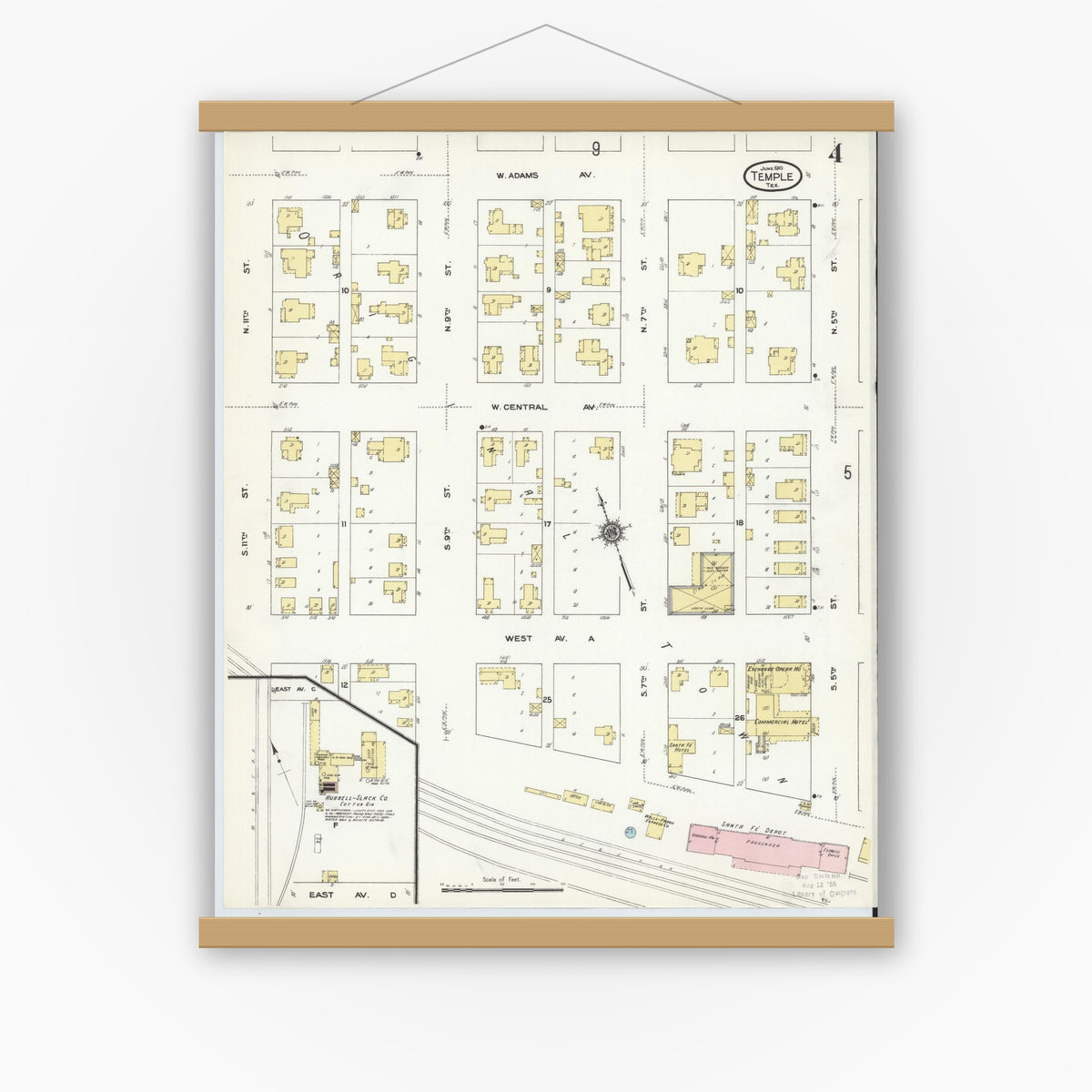 Old map wall art mockup — magnetic wood frame on white wall — Sanborn Fire Insurance Map from Temple, Bell County, Texas (1910), Sheet #0004