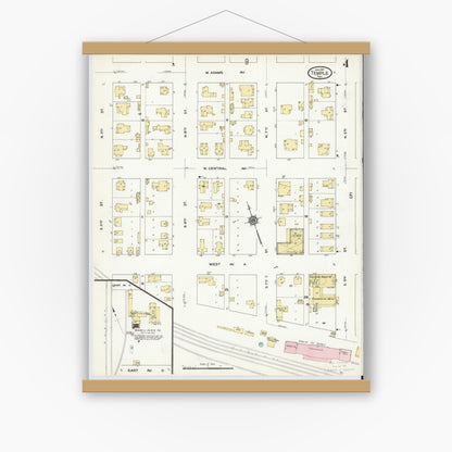 Old map wall art mockup — magnetic wood frame on white wall — Sanborn Fire Insurance Map from Temple, Bell County, Texas (1910), Sheet #0004