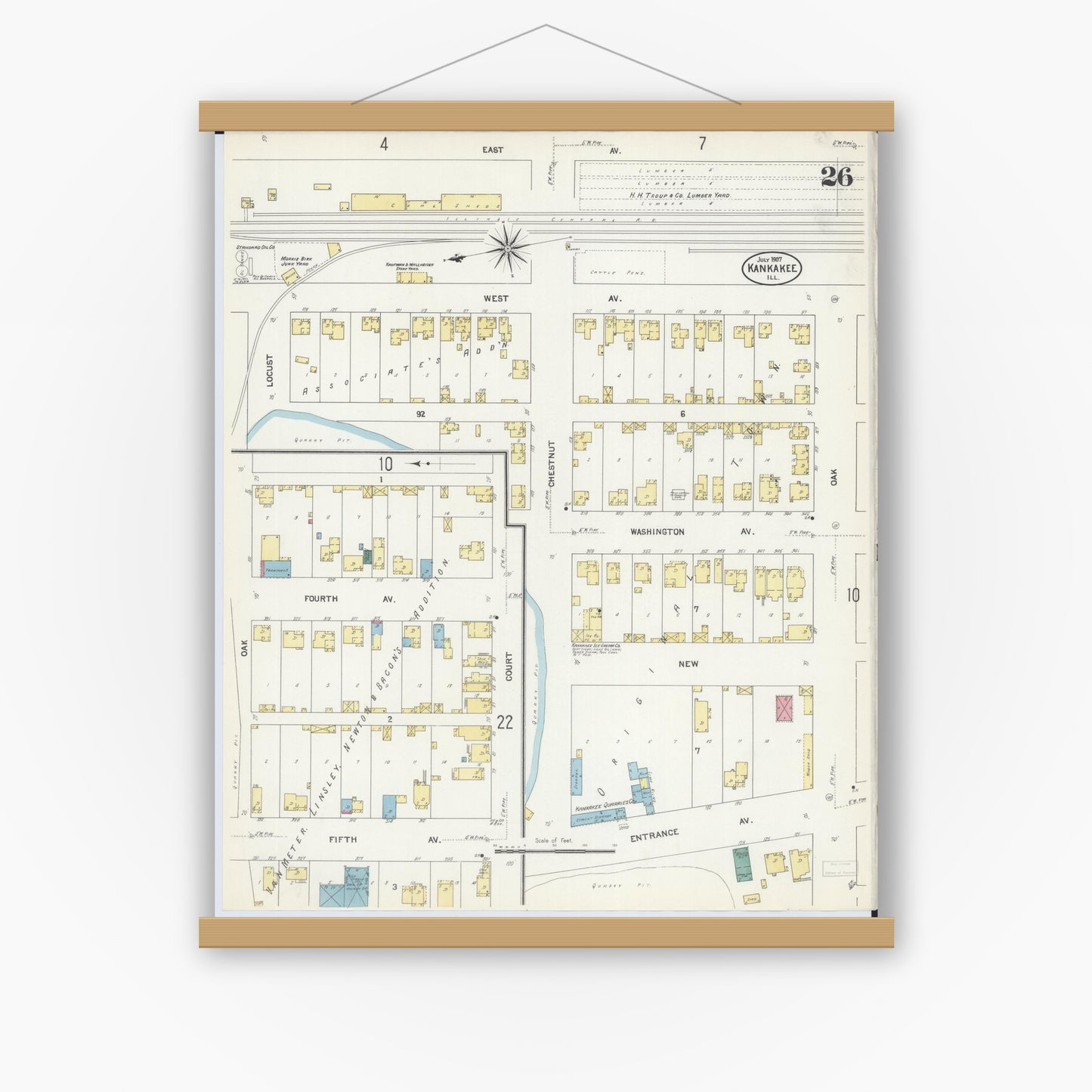 Old map wall art mockup — magnetic wood frame on white wall — Sanborn Fire Insurance Map from Kankakee, Kankakee County, Illinois (1907), Sheet #0026