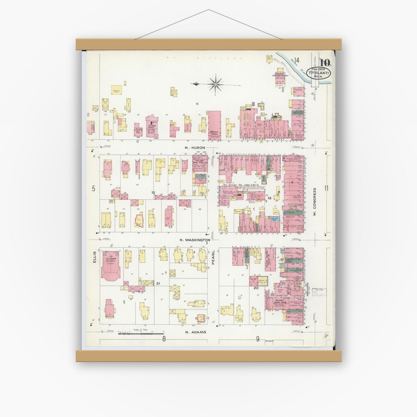 Old map wall art mockup — magnetic wood frame on white wall — Sanborn Fire Insurance Map from Ypsilanti, Washtenaw County, Michigan (1909), Sheet #0010