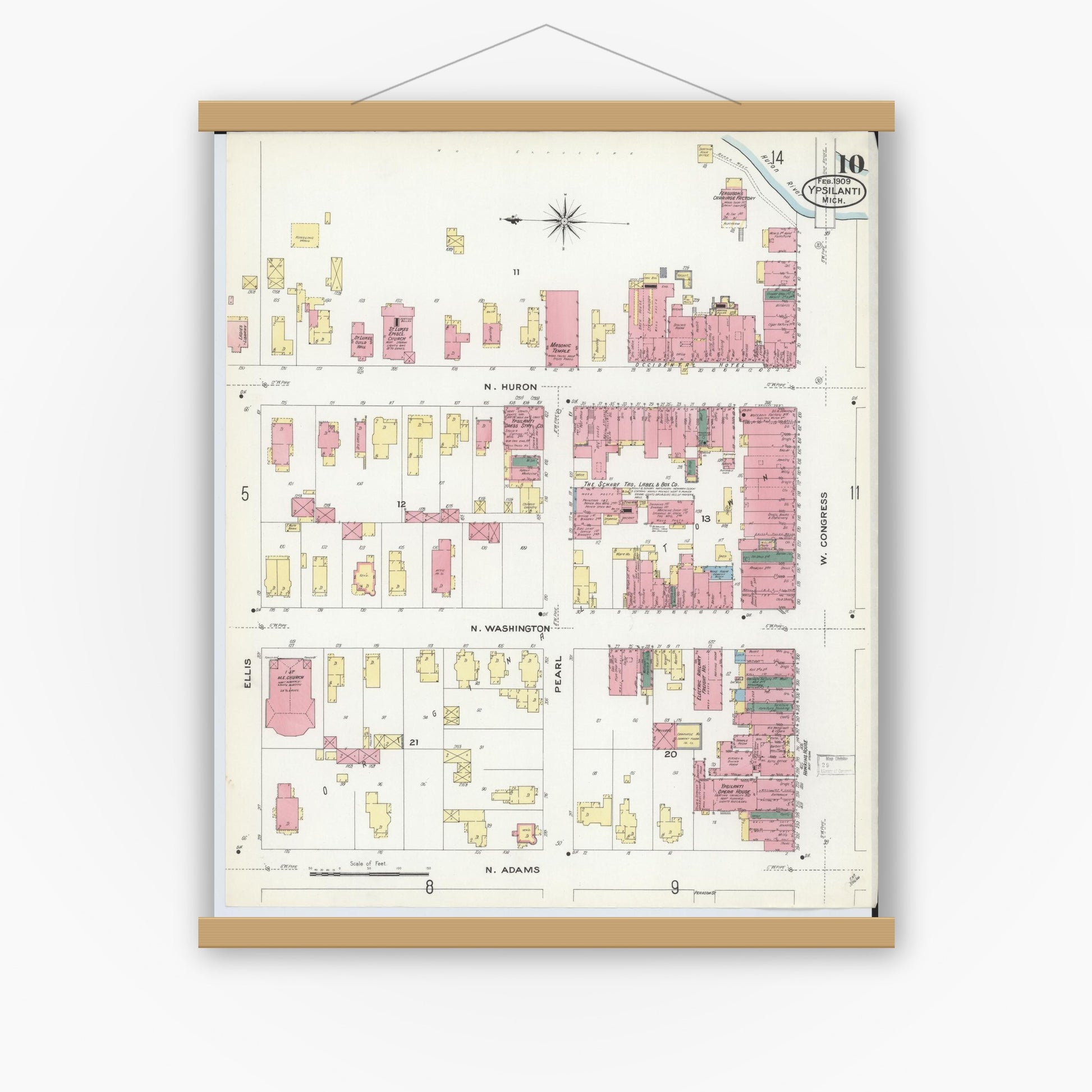 Old map wall art mockup — magnetic wood frame on white wall — Sanborn Fire Insurance Map from Ypsilanti, Washtenaw County, Michigan (1909), Sheet #0010