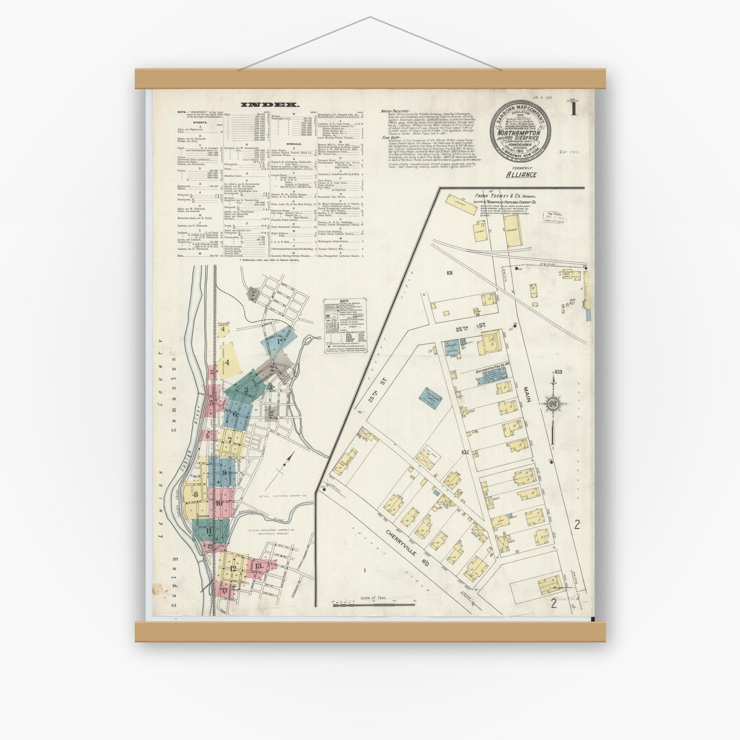 Old map wall art mockup — magnetic wood frame on white wall — Sanborn Fire Insurance Map from Northampton, Northampton County, Pennsylvania (1911), Sheet #0001
