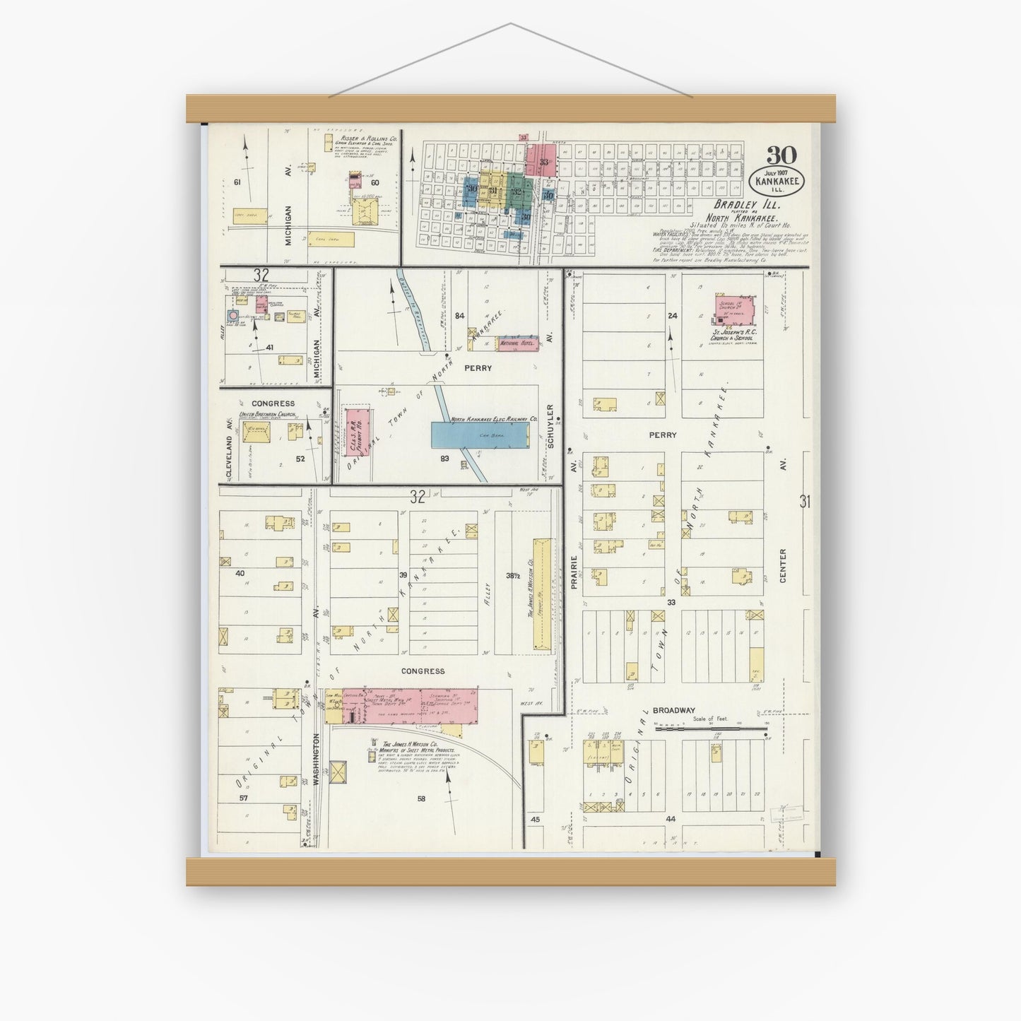 Old map wall art mockup — magnetic wood frame on white wall — Sanborn Fire Insurance Map from Kankakee, Kankakee County, Illinois (1907), Sheet #0030