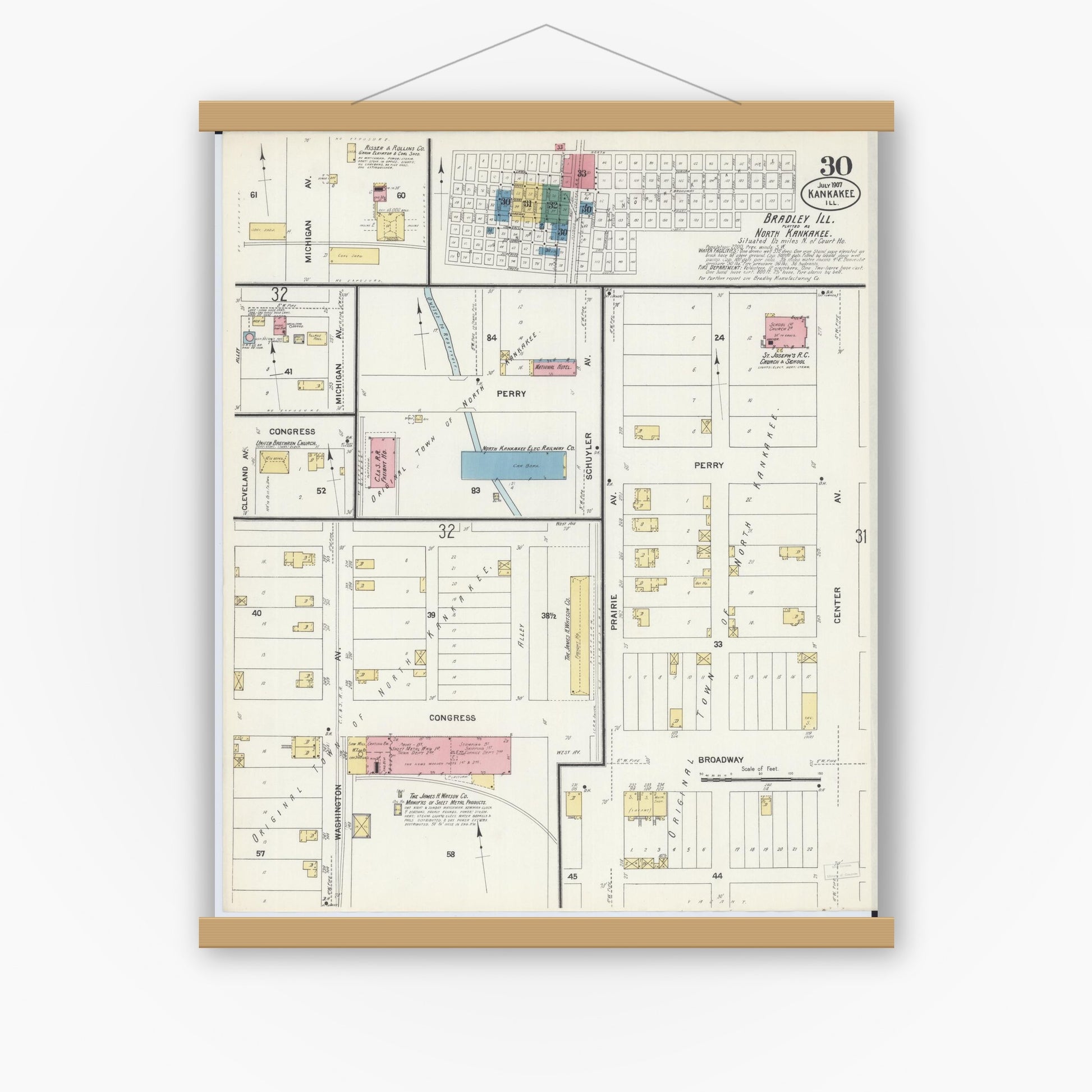 Old map wall art mockup — magnetic wood frame on white wall — Sanborn Fire Insurance Map from Kankakee, Kankakee County, Illinois (1907), Sheet #0030
