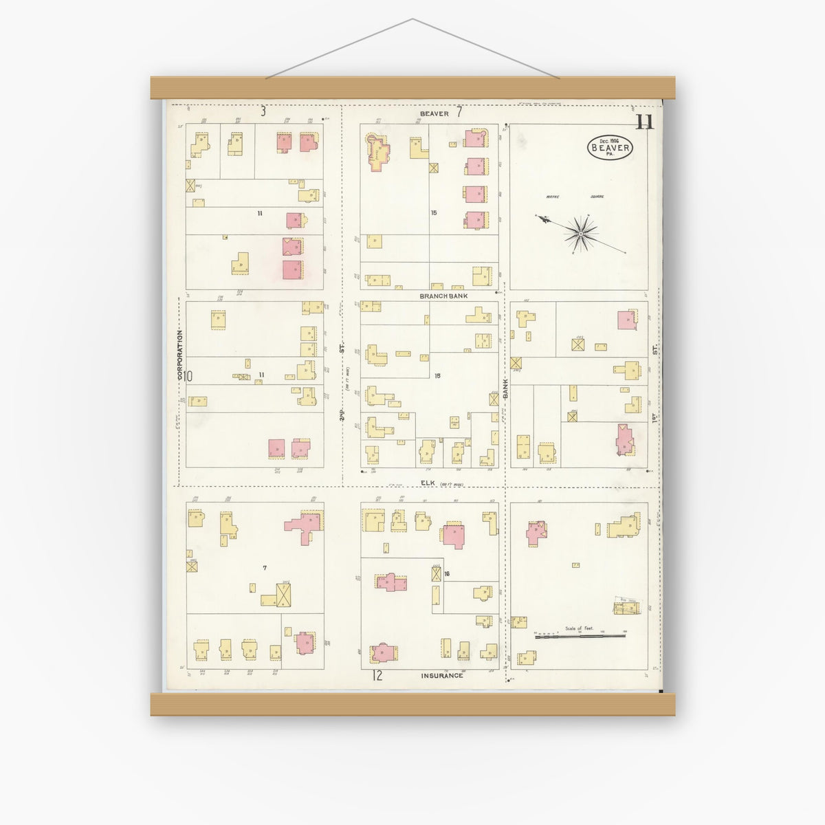Old map wall art mockup — magnetic wood frame on white wall — Sanborn Fire Insurance Map from Beaver, Beaver County, Pennsylvania (1906), Sheet #0011