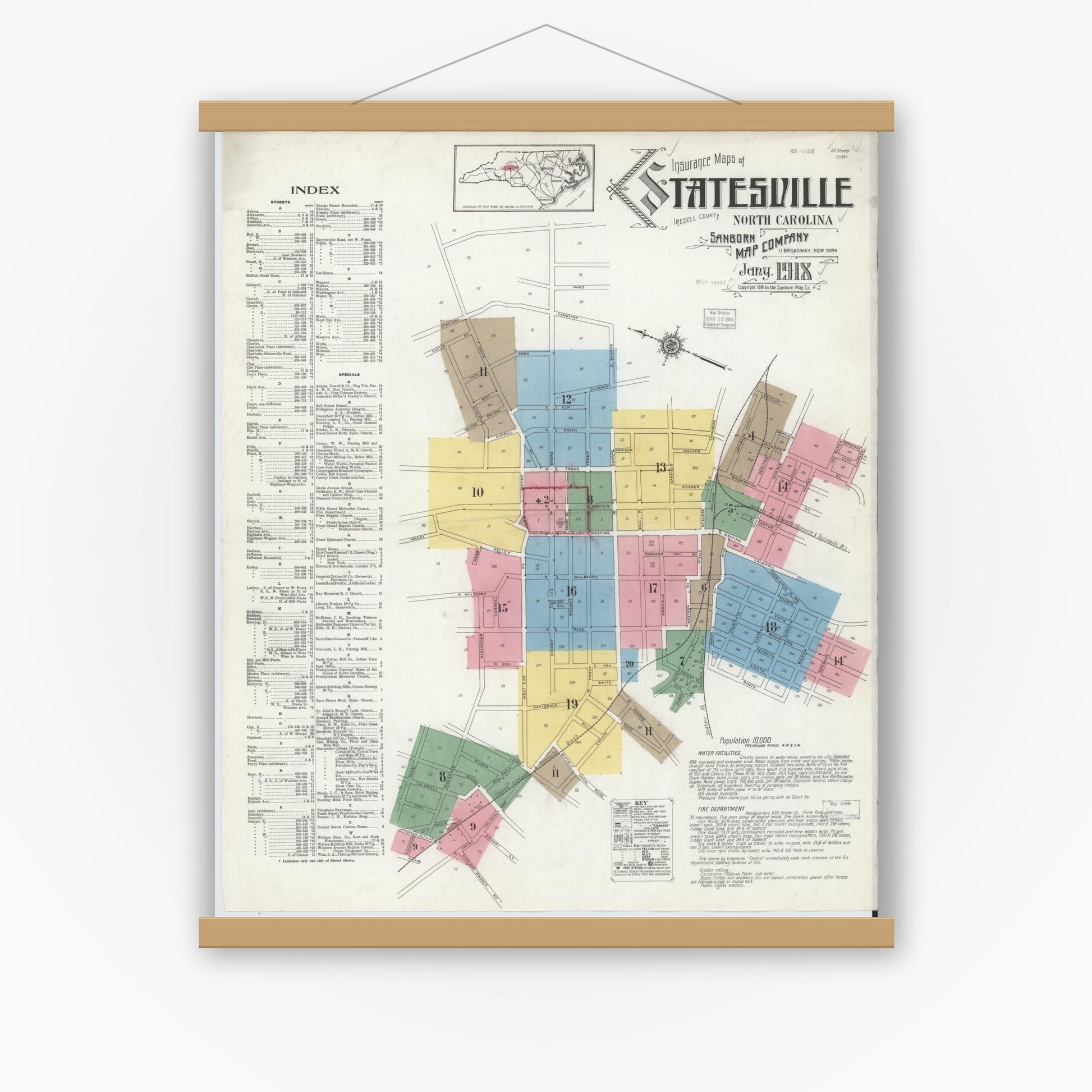 Old map wall art mockup — magnetic wood frame on white wall — Sanborn Fire Insurance Map from Statesville, Iredell County, North Carolina (1918), Sheet #0001