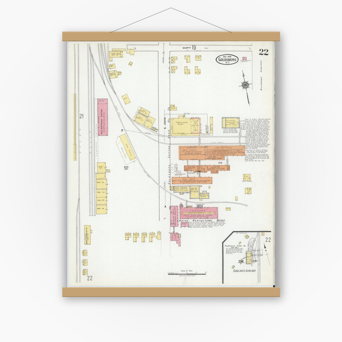 Old map wall art mockup — magnetic wood frame on white wall — Sanborn Fire Insurance Map from Goldsboro, Wayne County, North Carolina (1918), Sheet #0022