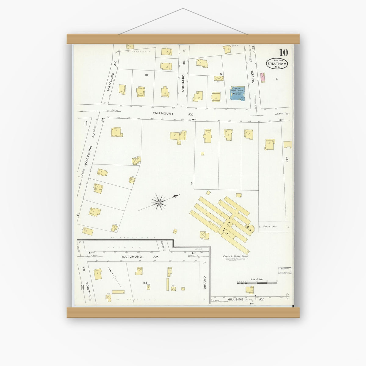 Old map wall art mockup — magnetic wood frame on white wall — Sanborn Fire Insurance Map from Chatham, Morris County, New Jersey (1909), Sheet #0010