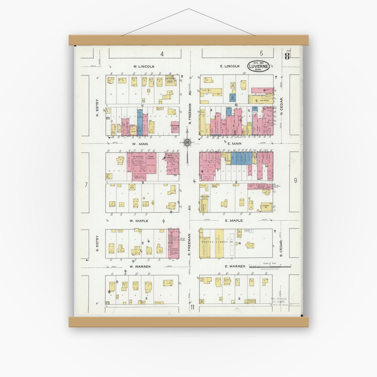 Old map wall art mockup — magnetic wood frame on white wall — Sanborn Fire Insurance Map from Luverne, Rock County, Minnesota (1921), Sheet #0008