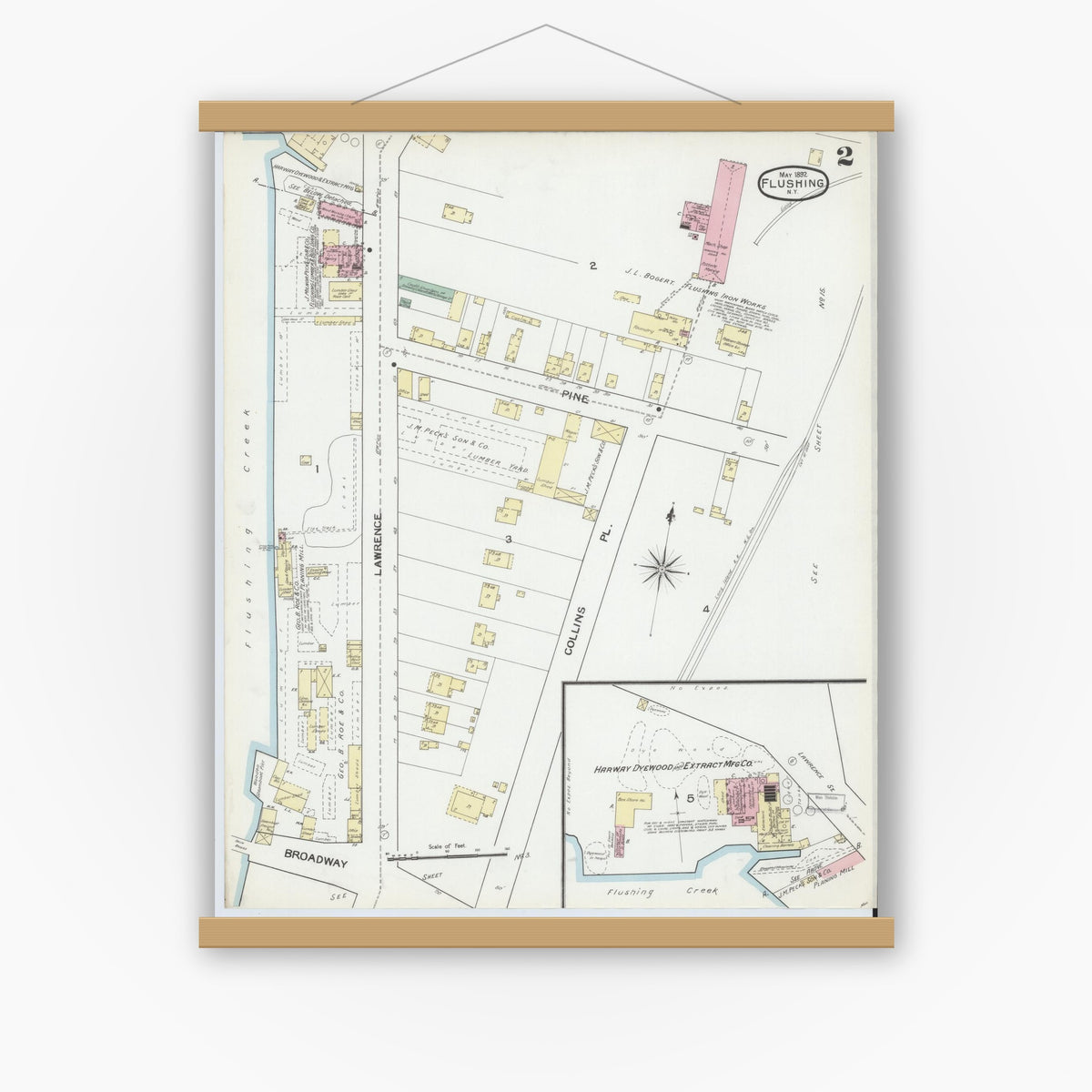 Old map wall art mockup — magnetic wood frame on white wall — Sanborn Fire Insurance Map from Flushing, Queens County, New York (1892), Sheet #0002