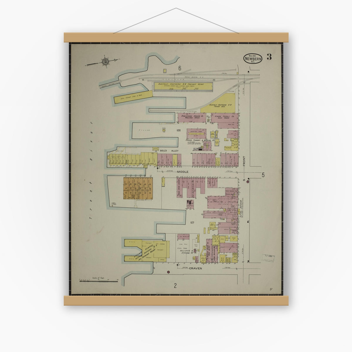 Old map wall art mockup — magnetic wood frame on white wall — Sanborn Fire Insurance Map from New Bern, Craven County, North Carolina (1913), Sheet #0003