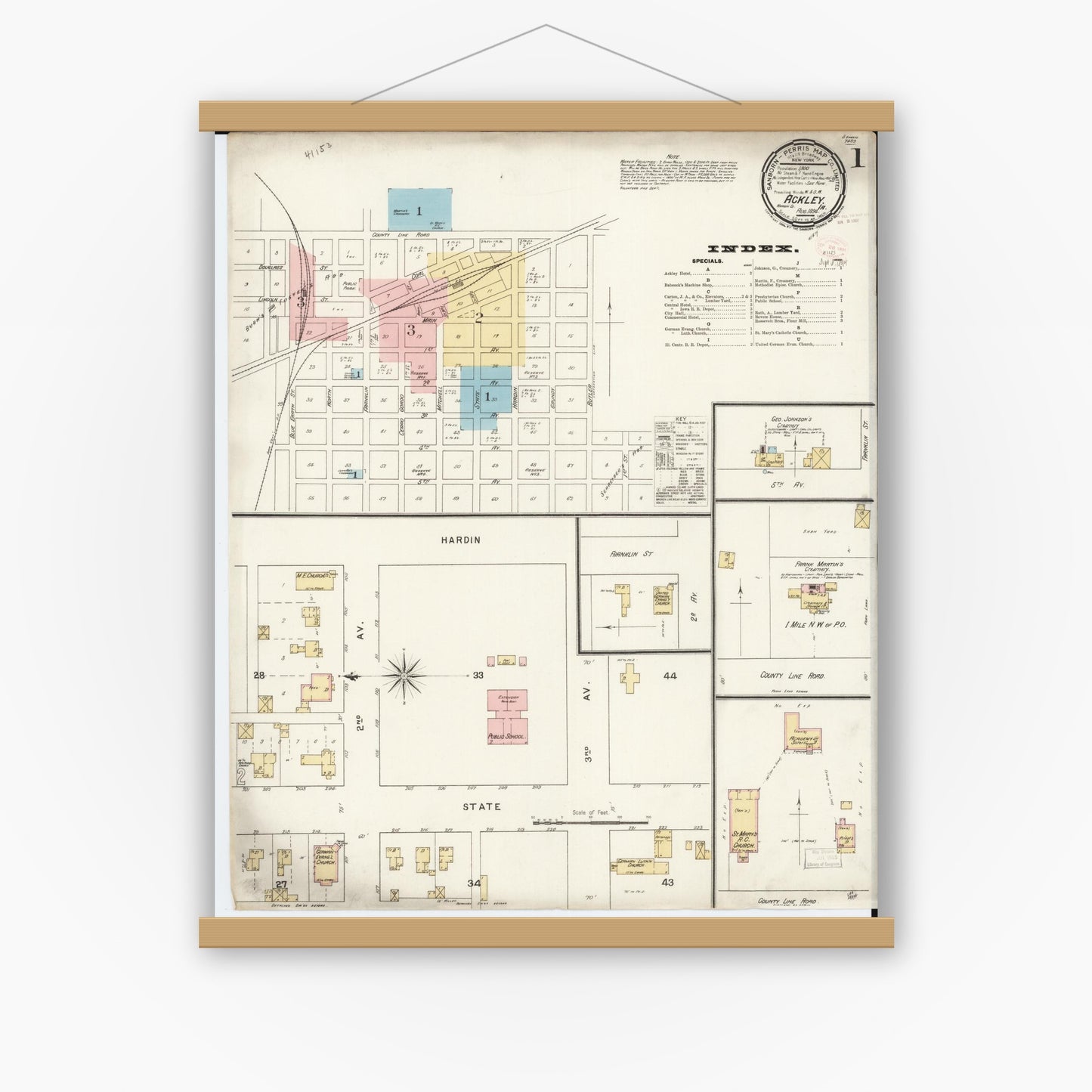 Old map wall art mockup — magnetic wood frame on white wall — Sanborn Fire Insurance Map from Ackley, Hardin and Franklin Counties, Iowa (1894) â€” Complete Set