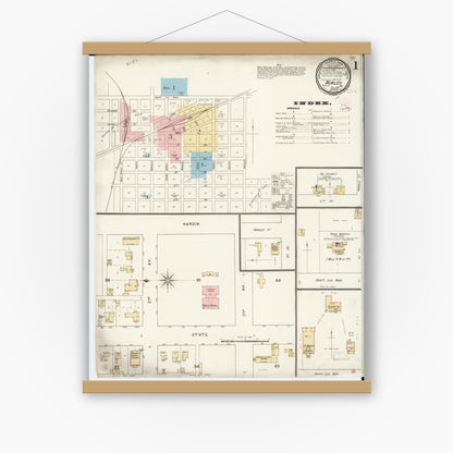 Old map wall art mockup — magnetic wood frame on white wall — Sanborn Fire Insurance Map from Ackley, Hardin and Franklin Counties, Iowa (1894) â€” Complete Set