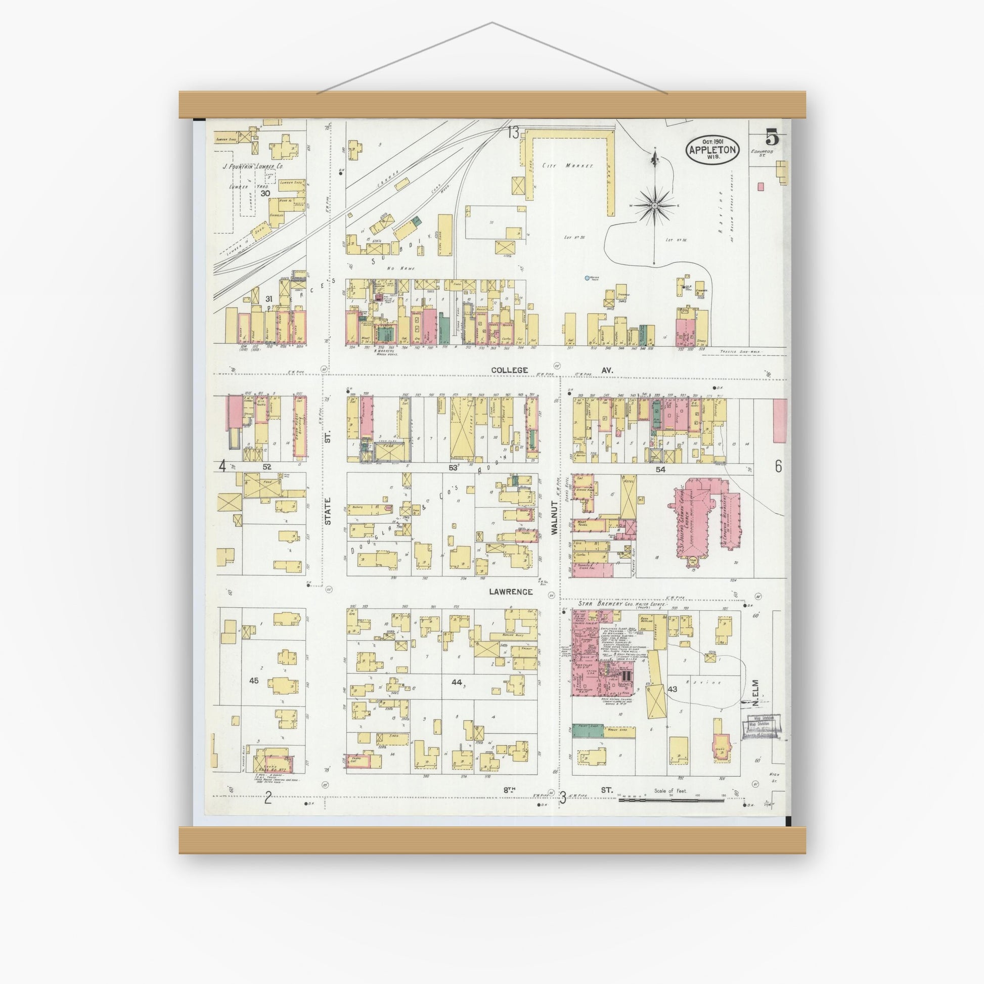 Old map wall art mockup — magnetic wood frame on white wall — Sanborn Fire Insurance Map from Appleton, Outagamie County, Wisconsin (1901), Sheet #0005