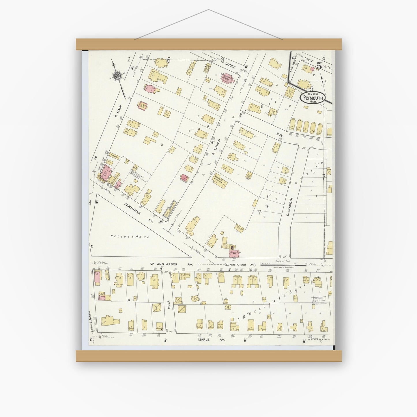 Old map wall art mockup — magnetic wood frame on white wall — Sanborn Fire Insurance Map from Plymouth, Wayne County, Michigan (1918), Sheet #0005