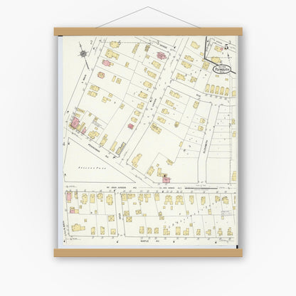 Old map wall art mockup — magnetic wood frame on white wall — Sanborn Fire Insurance Map from Plymouth, Wayne County, Michigan (1918), Sheet #0005