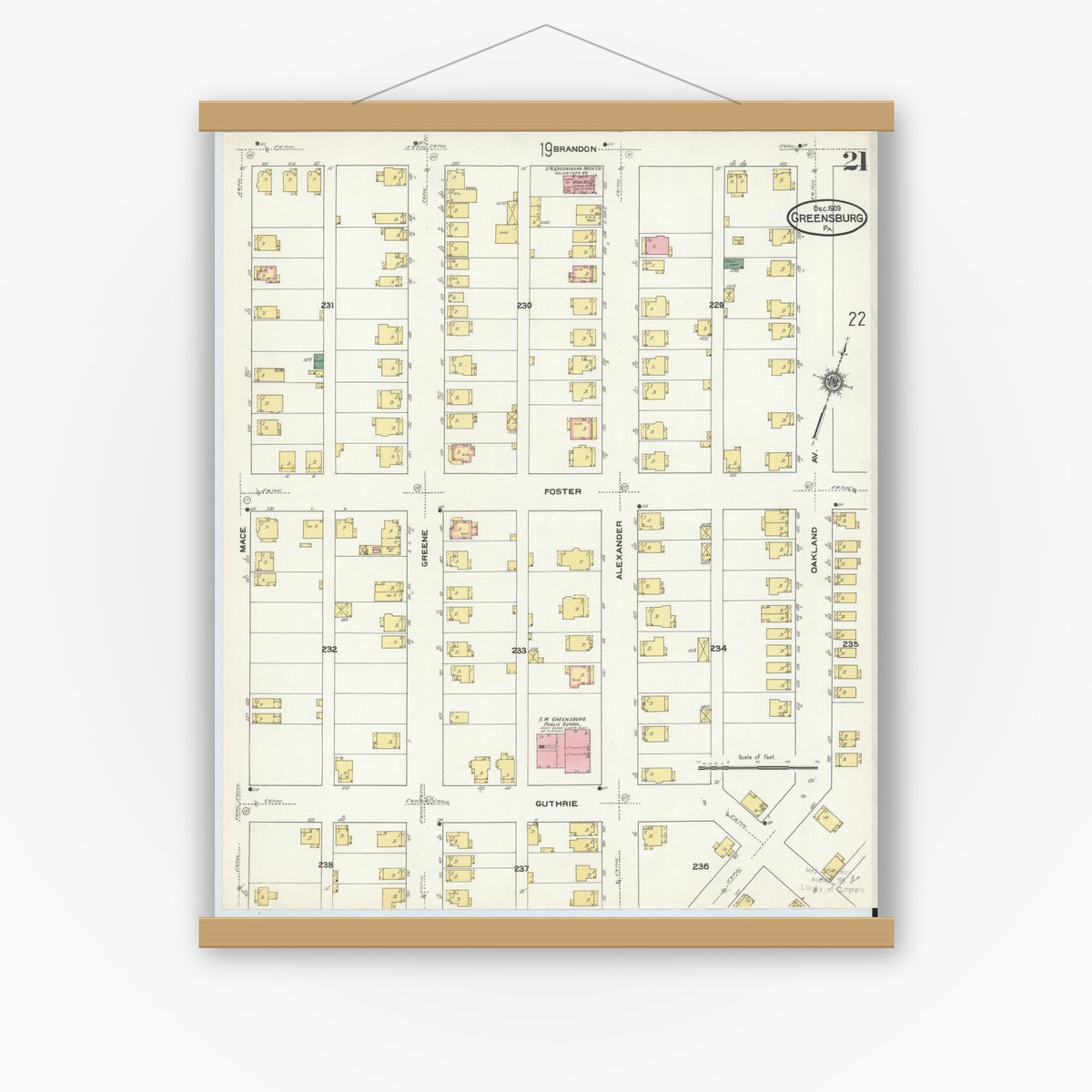 Old map wall art mockup — magnetic wood frame on white wall — Sanborn Fire Insurance Map from Greensburg, Westmoreland County, Pennsylvania (1909), Sheet #0021