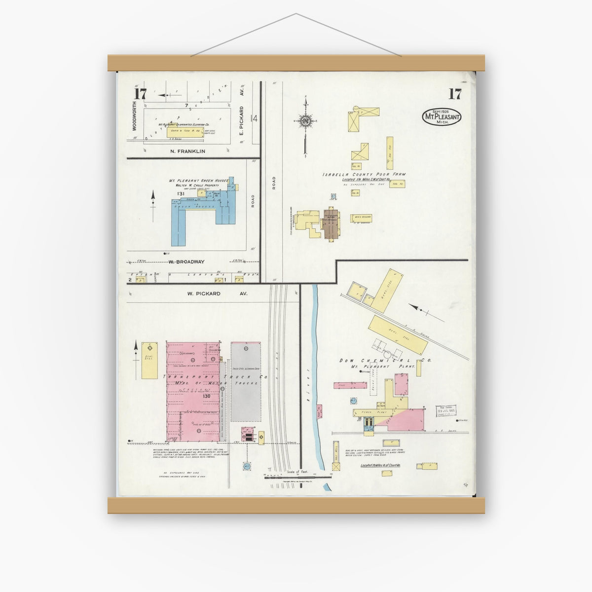 Old map wall art mockup — magnetic wood frame on white wall — Sanborn Fire Insurance Map from Mount Pleasant, Isabella County, Michigan (1924), Sheet #0017