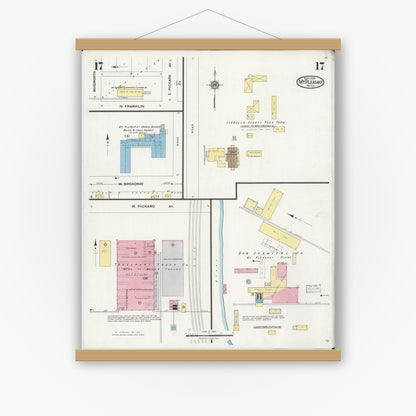 Old map wall art mockup — magnetic wood frame on white wall — Sanborn Fire Insurance Map from Mount Pleasant, Isabella County, Michigan (1924), Sheet #0017