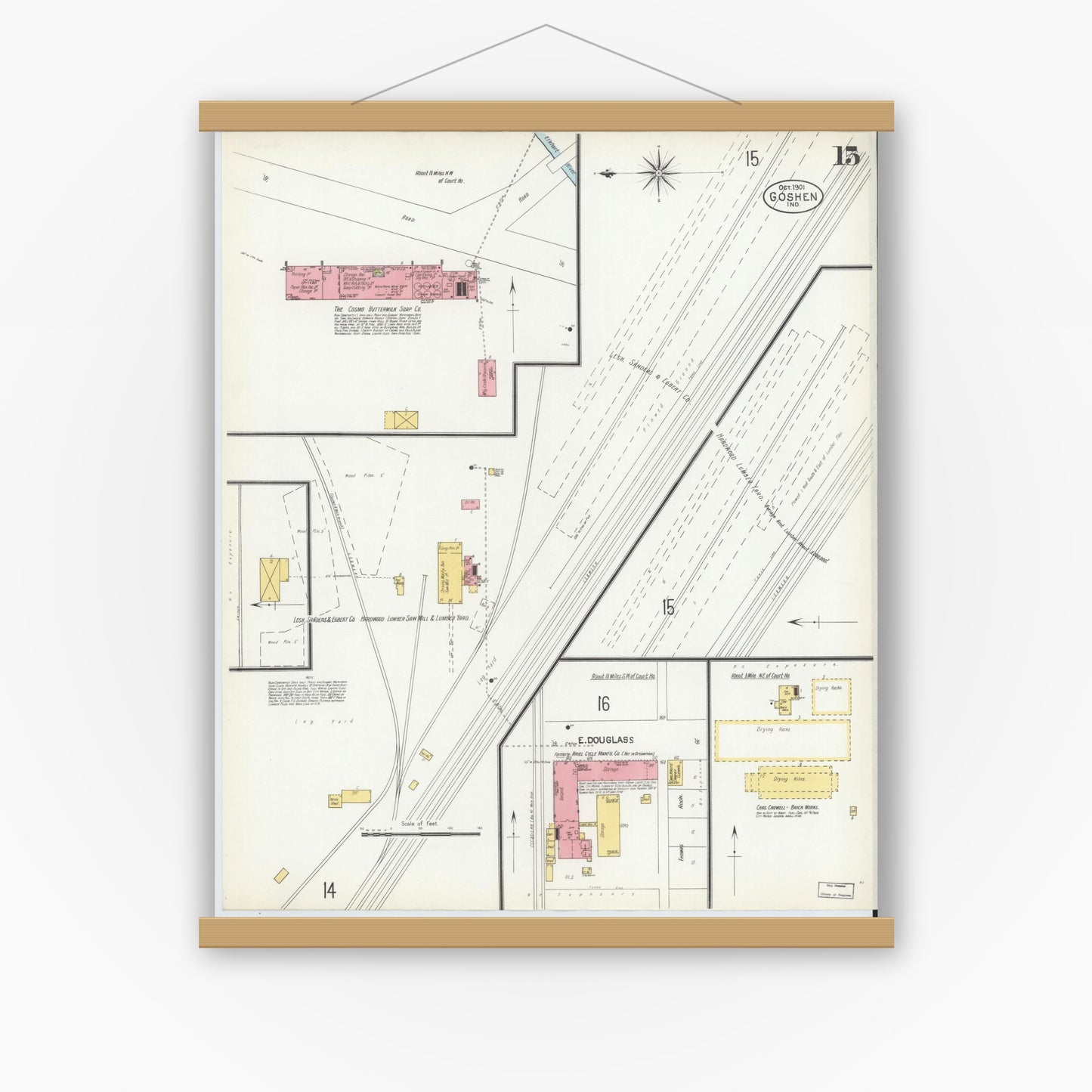 Old map wall art mockup — magnetic wood frame on white wall — Sanborn Fire Insurance Map from Goshen, Elkhart County, Indiana (1901), Sheet #0015
