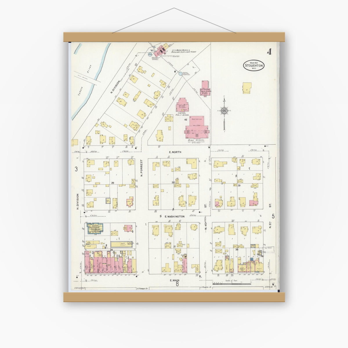 Old map wall art mockup — magnetic wood frame on white wall — Sanborn Fire Insurance Map from Stoughton, Dane County, Wisconsin (1912), Sheet #0004