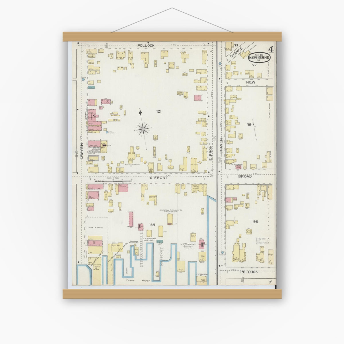 Old map wall art mockup — magnetic wood frame on white wall — Sanborn Fire Insurance Map from New Bern, Craven County, North Carolina (1893), Sheet #0004