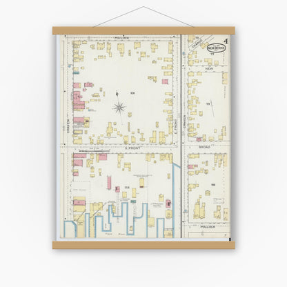 Old map wall art mockup — magnetic wood frame on white wall — Sanborn Fire Insurance Map from New Bern, Craven County, North Carolina (1893), Sheet #0004