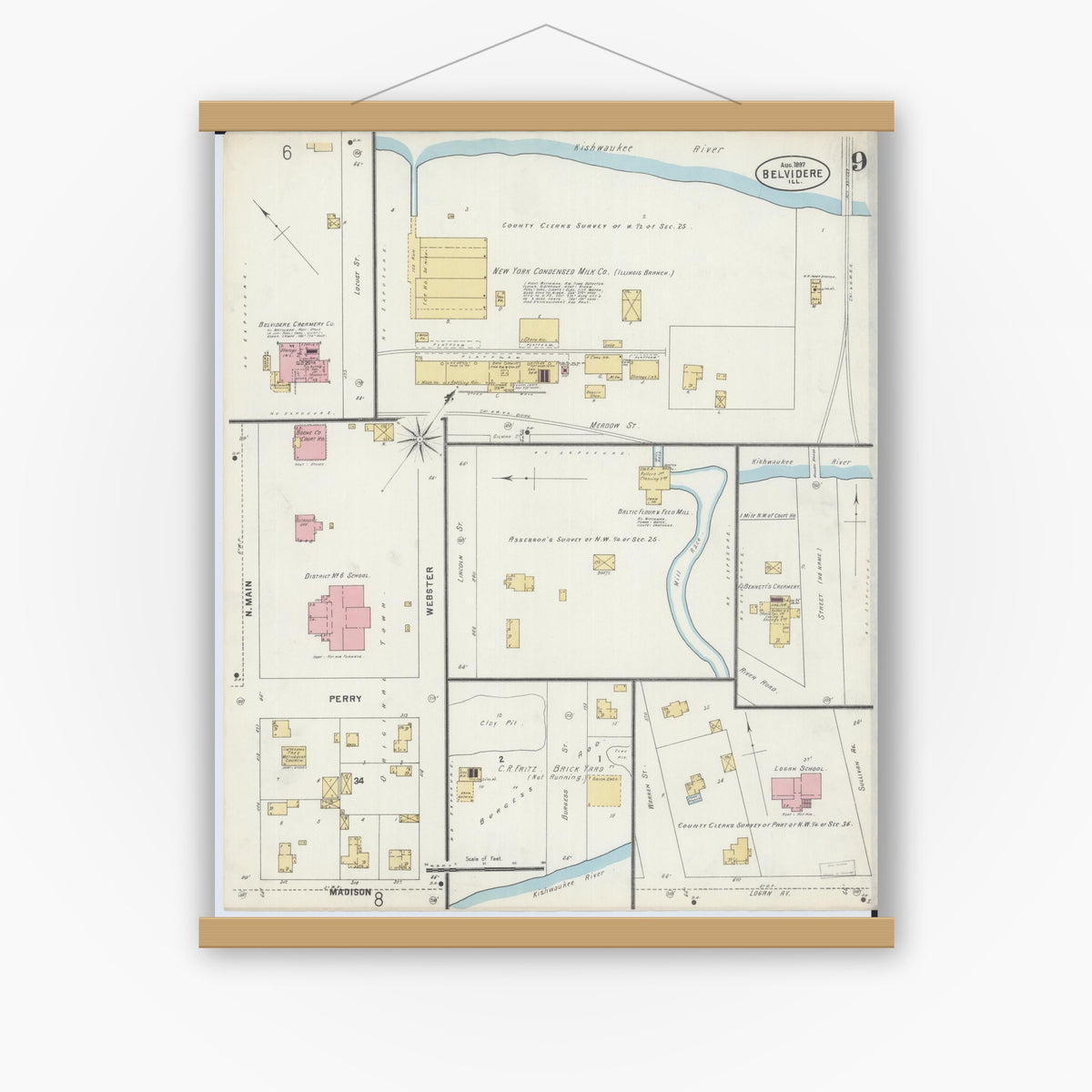 Old map wall art mockup — magnetic wood frame on white wall — Sanborn Fire Insurance Map from Belvidere, Boone County, Illinois (1897), Sheet #0009