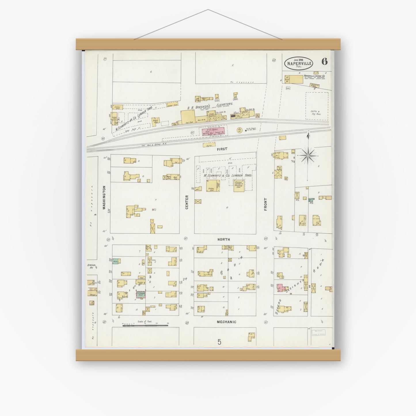 Old map wall art mockup — magnetic wood frame on white wall — Sanborn Fire Insurance Map from Naperville, Du Page County, Illinois (1898), Sheet #0006