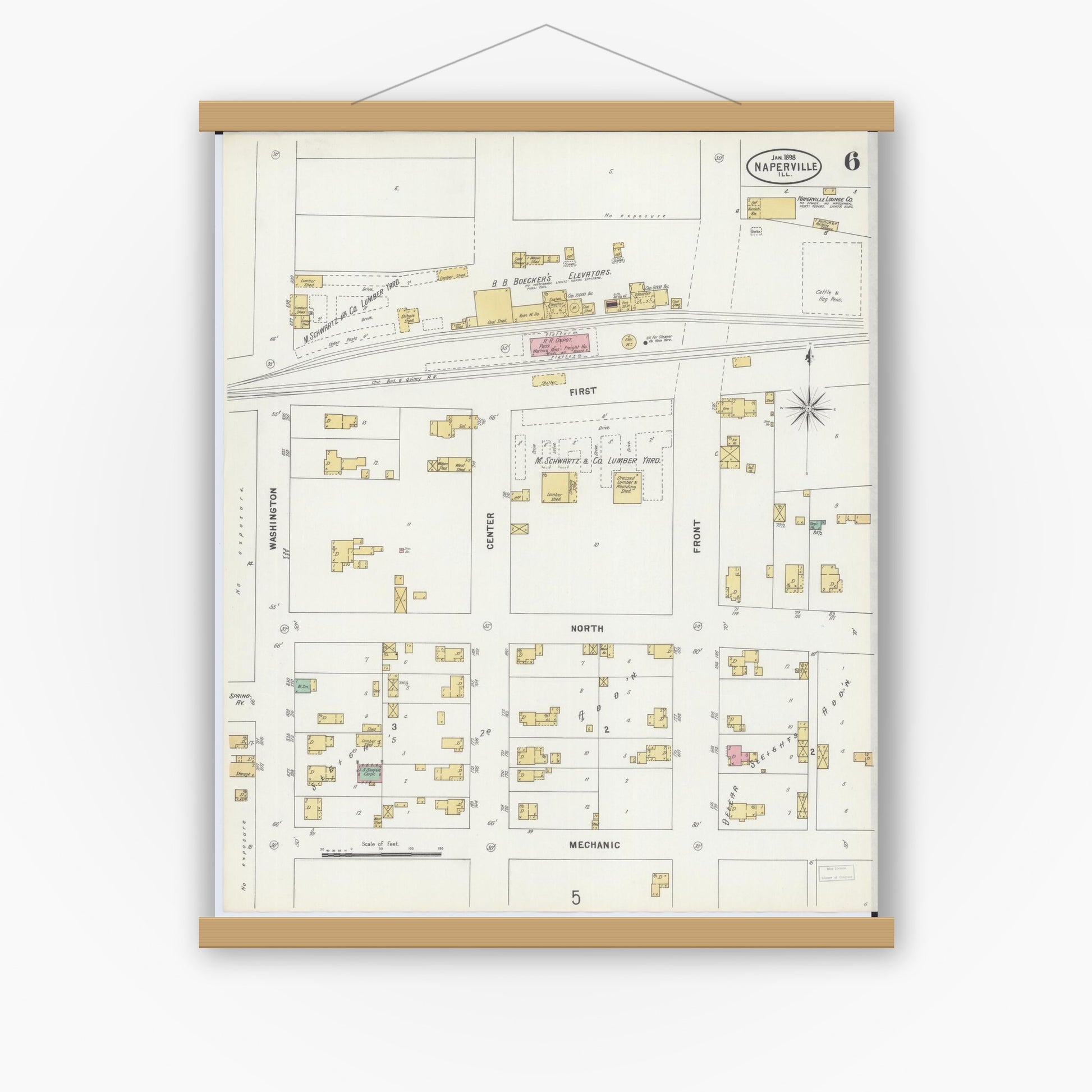 Old map wall art mockup — magnetic wood frame on white wall — Sanborn Fire Insurance Map from Naperville, Du Page County, Illinois (1898), Sheet #0006