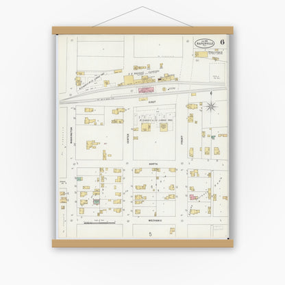 Old map wall art mockup — magnetic wood frame on white wall — Sanborn Fire Insurance Map from Naperville, Du Page County, Illinois (1898), Sheet #0006