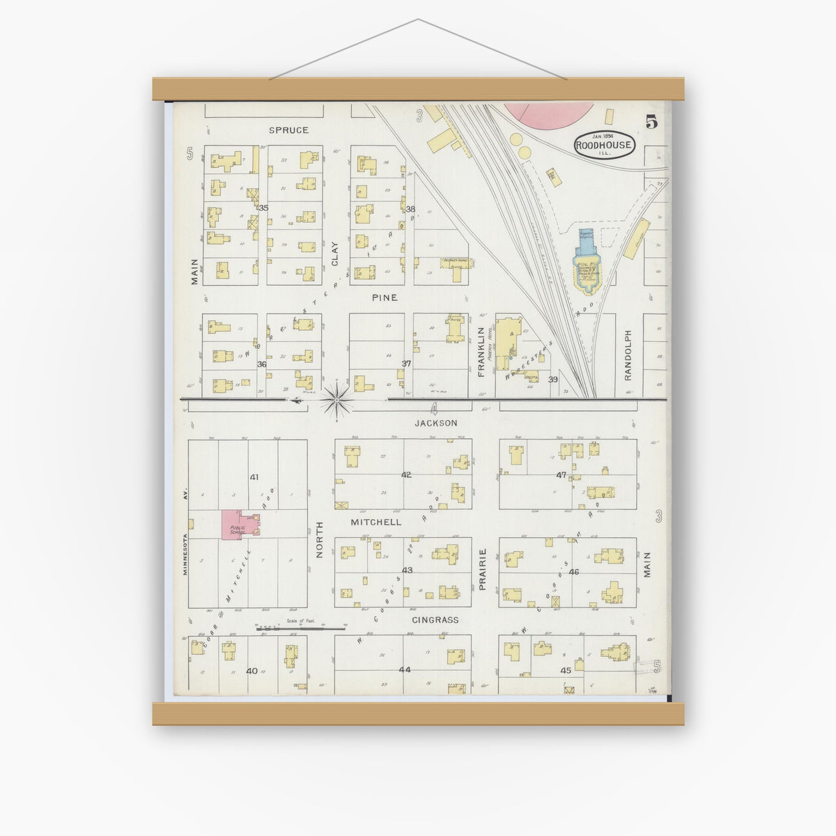 Old map wall art mockup — magnetic wood frame on white wall — Sanborn Fire Insurance Map from Roodhouse, Greene County, Illinois (1894), Sheet #0005