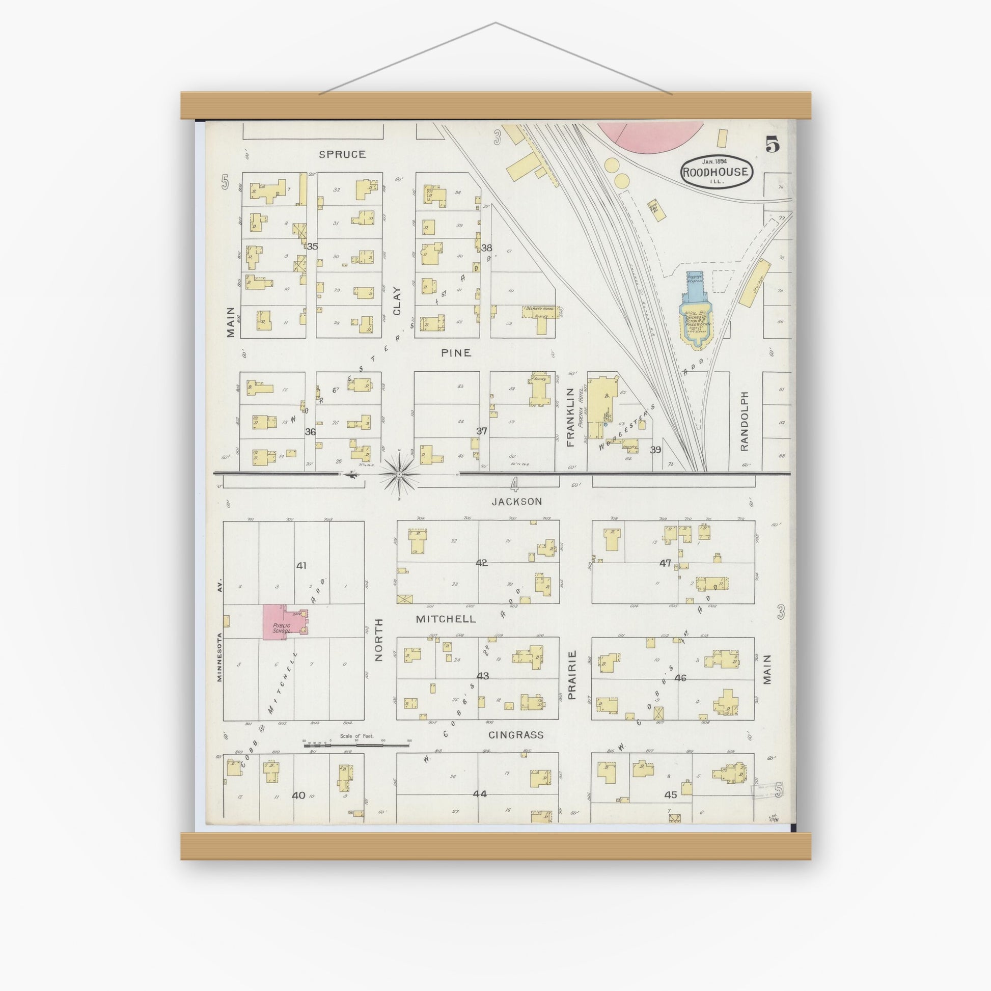 Old map wall art mockup — magnetic wood frame on white wall — Sanborn Fire Insurance Map from Roodhouse, Greene County, Illinois (1894), Sheet #0005