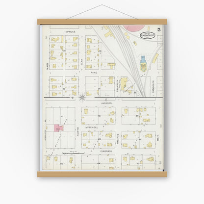Old map wall art mockup — magnetic wood frame on white wall — Sanborn Fire Insurance Map from Roodhouse, Greene County, Illinois (1894), Sheet #0005