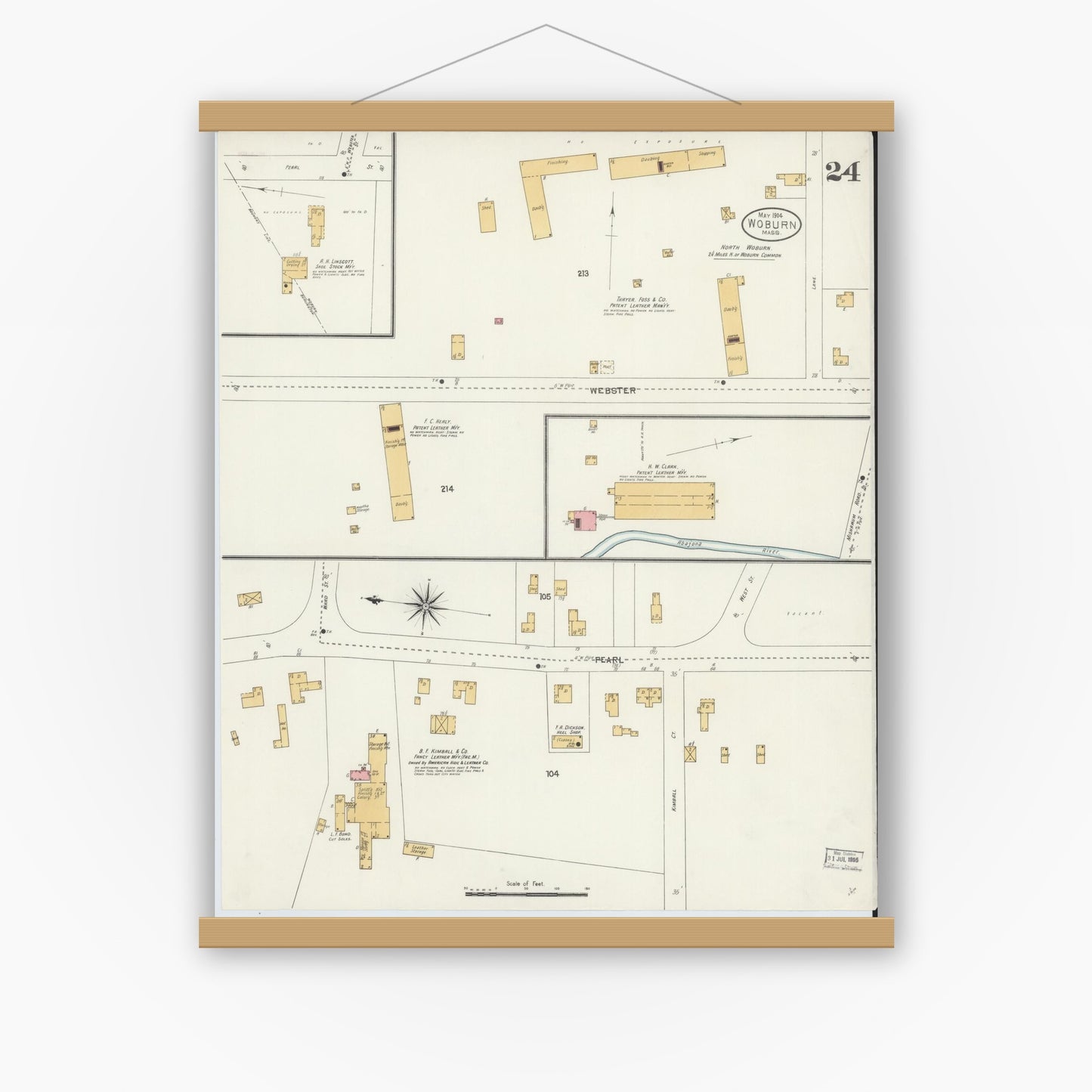 Old map wall art mockup — magnetic wood frame on white wall — Sanborn Fire Insurance Map from Woburn, Middlesex County, Massachusetts (1904), Sheet #0024