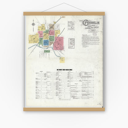 Old map wall art mockup — magnetic wood frame on white wall — Sanborn Fire Insurance Map from Franklin, Johnson County, Indiana (1916), Sheet #0001