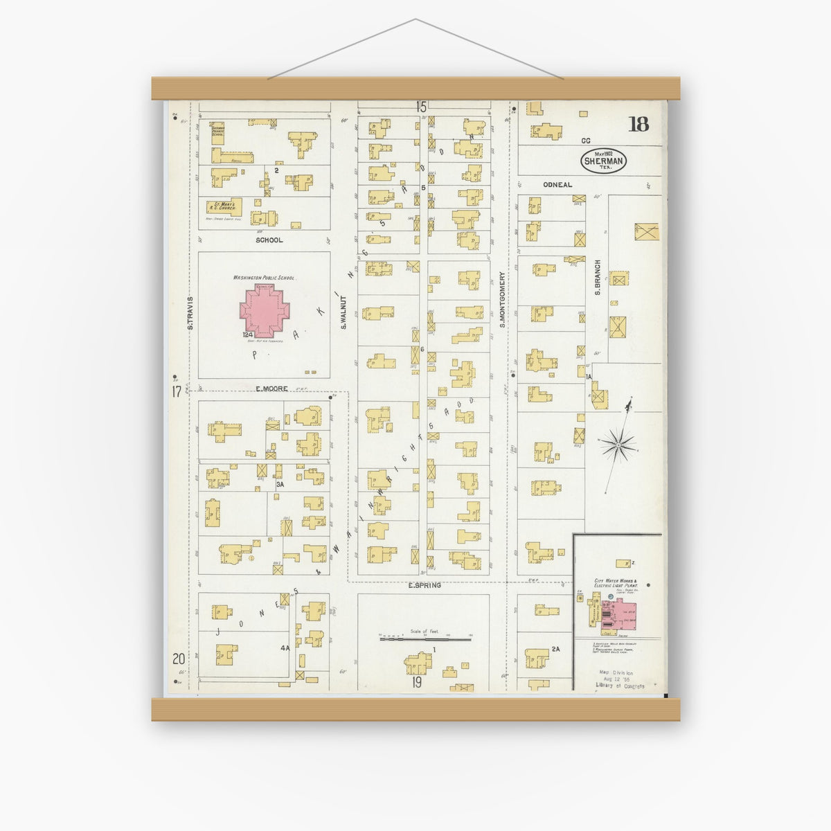 Old map wall art mockup — magnetic wood frame on white wall — Sanborn Fire Insurance Map from Sherman, Grayson County, Texas (1902), Sheet #0018