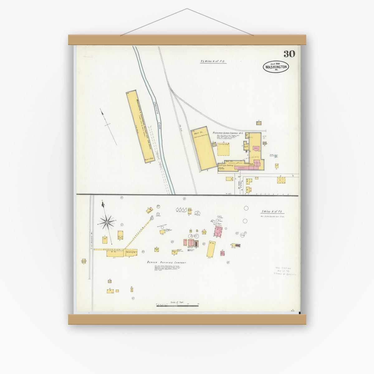 Old map wall art mockup — magnetic wood frame on white wall — Sanborn Fire Insurance Map from Washington, Washington County, Pennsylvania (1904), Sheet #0030