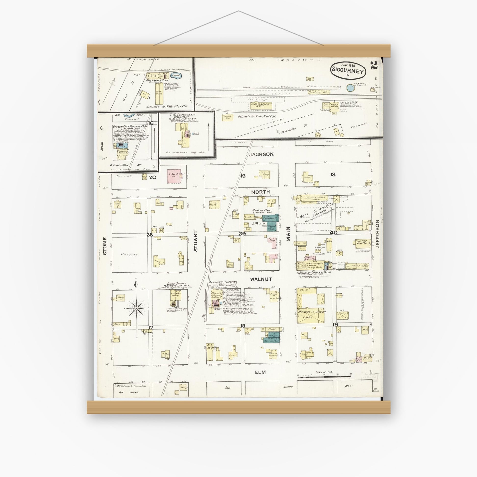 Old map wall art mockup — magnetic wood frame on white wall — Sanborn Fire Insurance Map from Sigourney, Kiokuk County, Iowa (1888), Sheet #0002