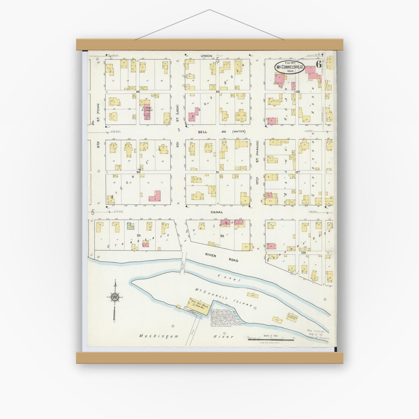 Old map wall art mockup — magnetic wood frame on white wall — Sanborn Fire Insurance Map from McConnelsville, Morgan County, Ohio (1917), Sheet #0006