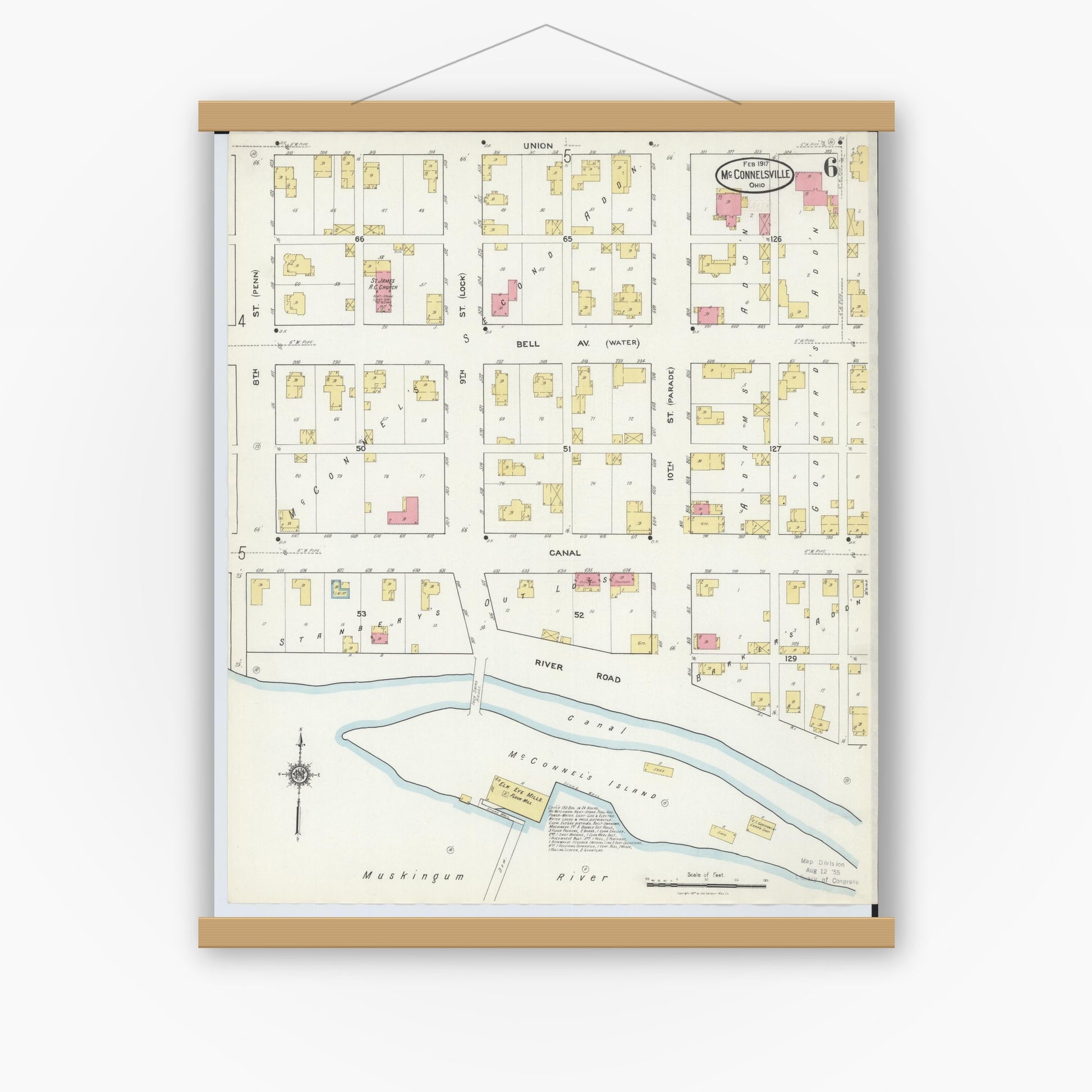 Old map wall art mockup — magnetic wood frame on white wall — Sanborn Fire Insurance Map from McConnelsville, Morgan County, Ohio (1917), Sheet #0006