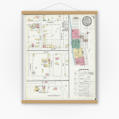 Old map wall art mockup — magnetic wood frame on white wall — Sanborn Fire Insurance Map from New Richmond, Clermont County, Ohio (1892), Sheet #0001