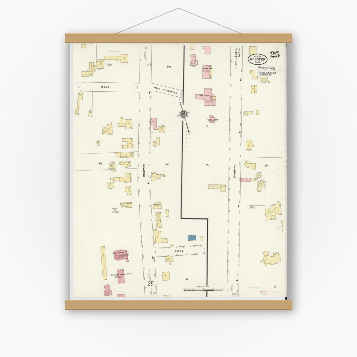 Old map wall art mockup — magnetic wood frame on white wall — Sanborn Fire Insurance Map from Webster, Worcester County, Massachusetts (1911), Sheet #0025
